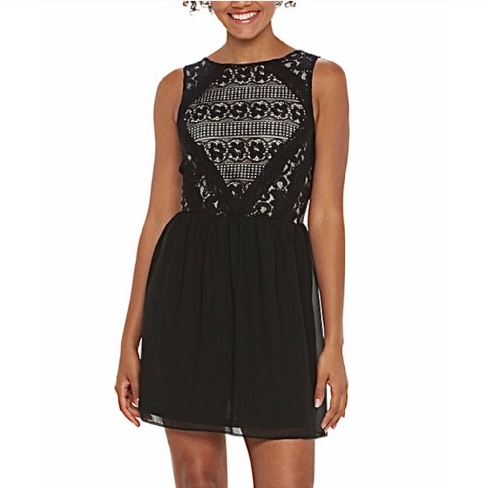 Rewind Black Lace Chiffon Deep V Back Mini Dress Size S | Prom